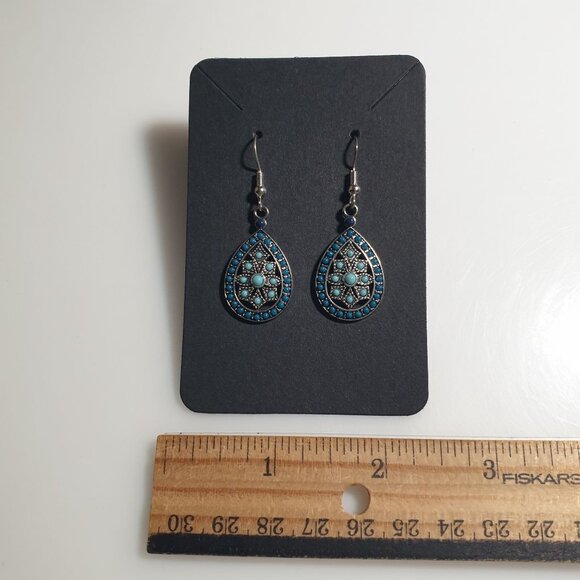 Boho Teardrop Dangle Earrings Blue Silver Tone Metal Hook Elegant Design Gift - Picture 3 of 4